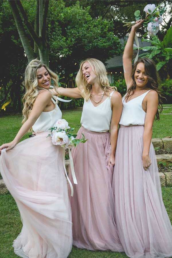 Vestidos sencillos de dos piezas para damas de honor, vestidos largos de tul baratos para damas de honor 