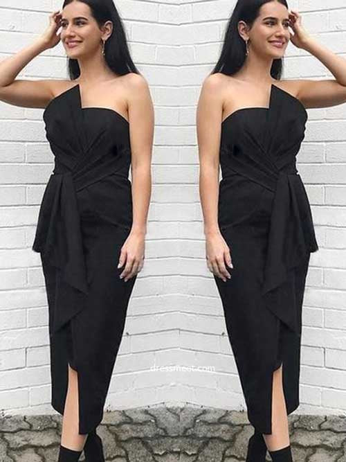 Robes de demoiselle d'honneur noires mi-longues, sans bretelles, fendues et à nœud fourreau ; tenues tendance 