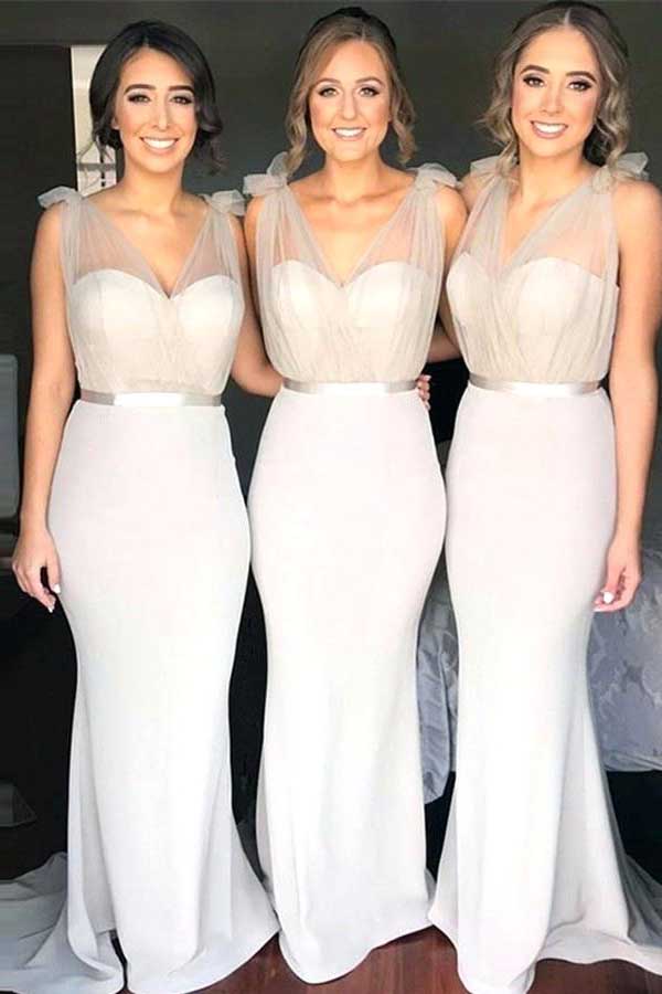Vestidos largos de dama de honor de satén elástico gris con escote corazón y cola de barrido (estilo sirena). 