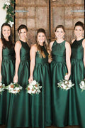 Vestidos largos de dama de honor de satén verde, corte en A, cuello redondo y bolsillos; vestidos largos sencillos para baile de graduación. 