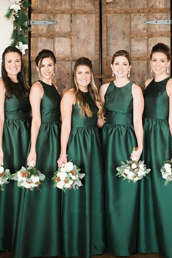 Vestidos largos de dama de honor de satén verde, corte en A, cuello redondo y bolsillos; vestidos largos sencillos para baile de graduación. 