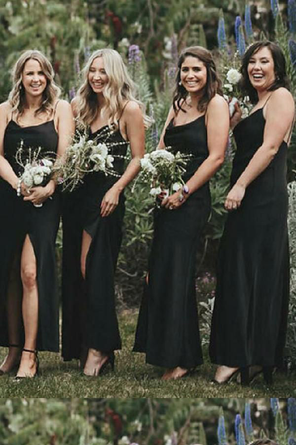 Vestidos largos de dama de honor negros baratos con tirantes finos y abertura lateral estilo sirena, disponibles en línea. 