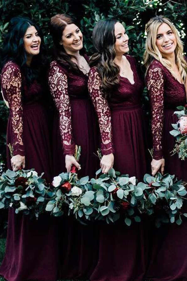 Vestidos de dama de honor largos de gasa con encaje y mangas largas, baratos y disponibles en línea. 