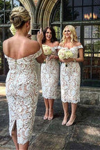 Vestidos de dama de honor largos, de encaje blanco, con hombros descubiertos y corte sirena. Vestidos de dama de honor elegantes. 