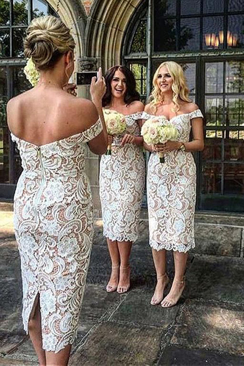 Vestidos de dama de honor largos, de encaje blanco, con hombros descubiertos y corte sirena. Vestidos de dama de honor elegantes. 