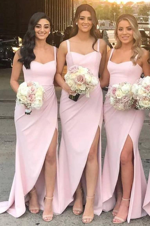 Robe de demoiselle d'honneur longue rose élégante en satin, coupe sirène, décolleté cœur et fente, 