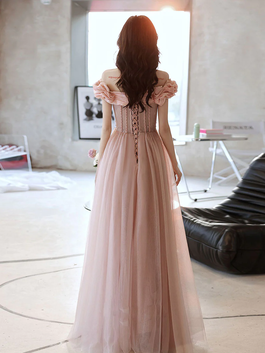 Vestido largo de fiesta rosa con escote corazón, tul y cuentas, vestido de noche rosa, Y2406