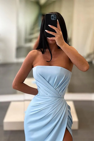 Robe de soirée sirène longue bleu clair sans bretelles et fendue Y370