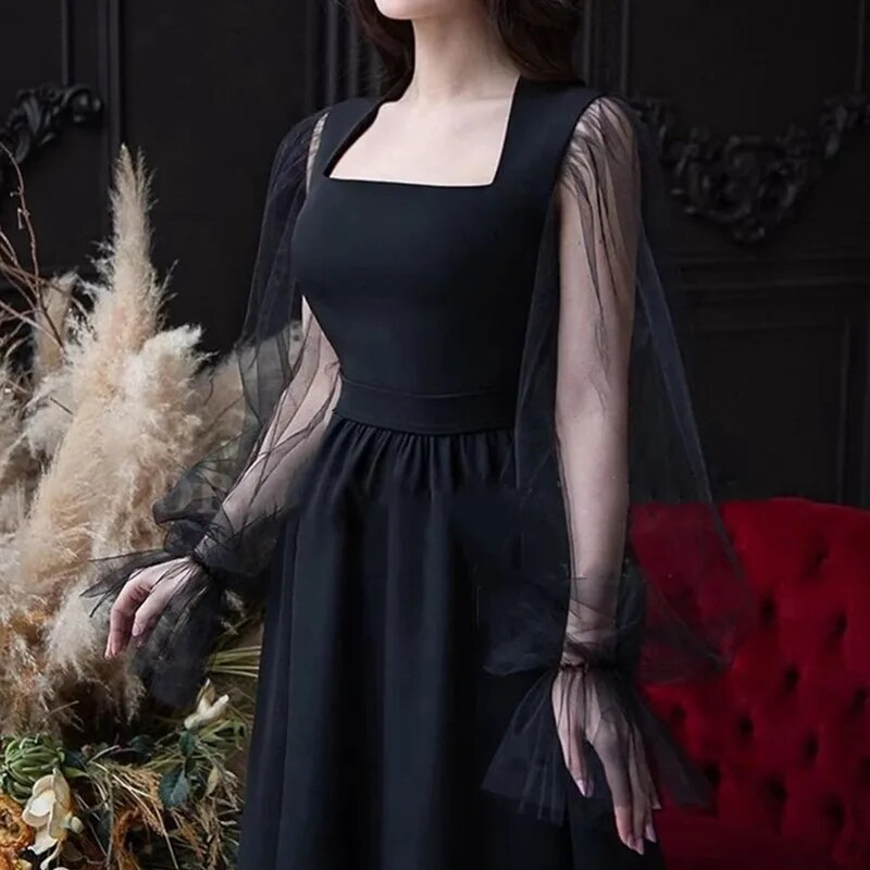 Robe de soirée élégante à manches longues et coupe trapèze, noire, col carré simple, pour femme Y4557