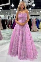 Vestido de fiesta de tul brillante estampado sin tirantes de corte A