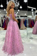 Vestido de fiesta de tul brillante estampado sin tirantes de corte A