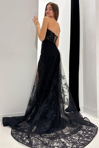 Black Lace Strapless Long Formal Dress with Attached Train