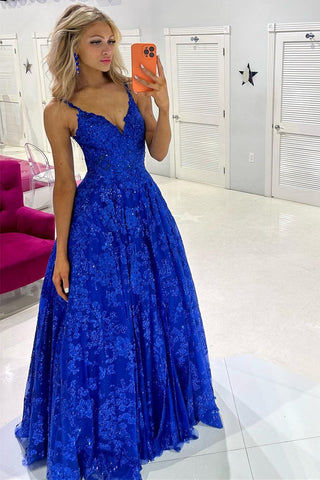Sequin Lace V-Neck A-Line Long Prom Dress