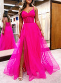 Galilea | Vestido largo de fiesta corte A, fucsia, con escote en V, corpiño transparente y abertura