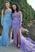 Vestido largo de fiesta sin tirantes con encaje floral 3D y mangas desmontables
