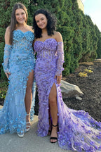 Vestido largo de fiesta sin tirantes con encaje floral 3D y mangas desmontables