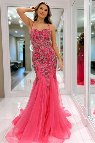 Beaded Spaghetti Strap Trumpet Long Gown