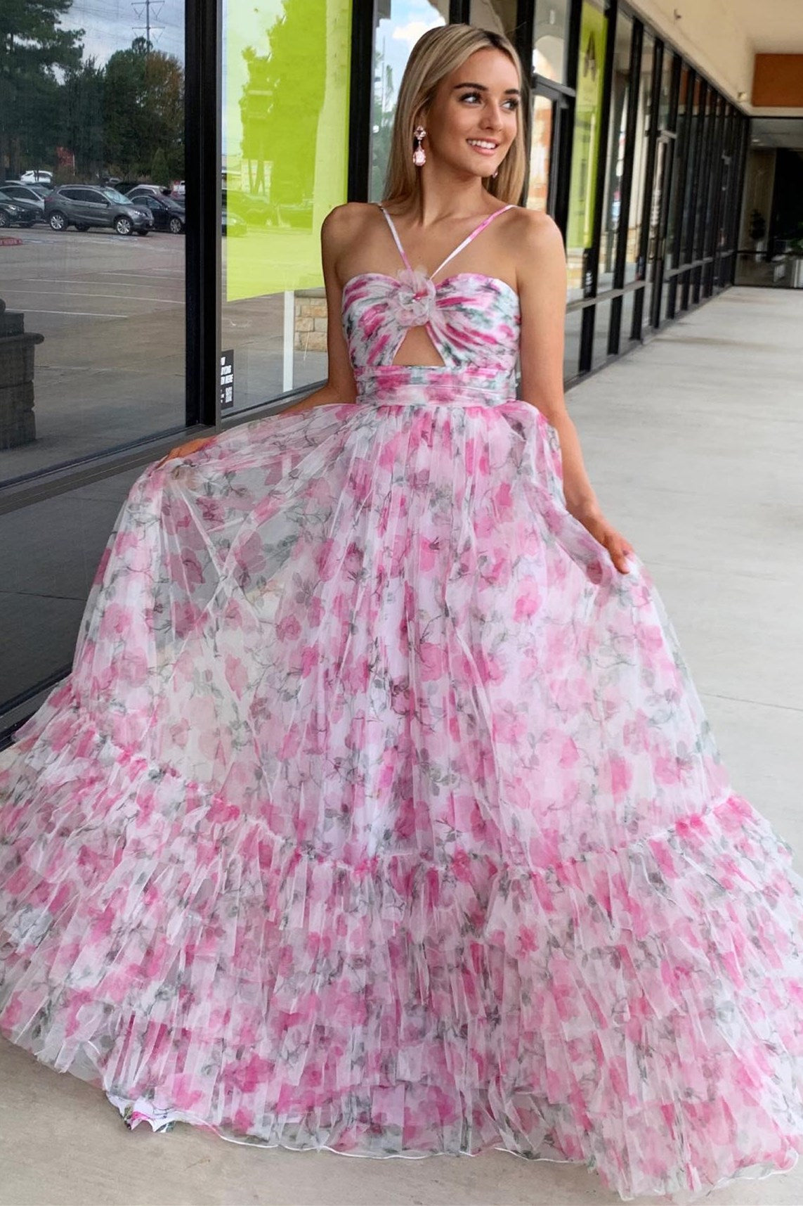 Robe de bal longue imprimée dos nu à découpe en forme de goutte d'eau, coupe trapèze