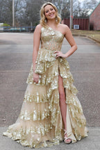 Vestido largo de fiesta de encaje con un solo hombro y volantes
