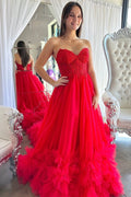 Vestido largo de fiesta con apliques de tul, escote corazón y volantes