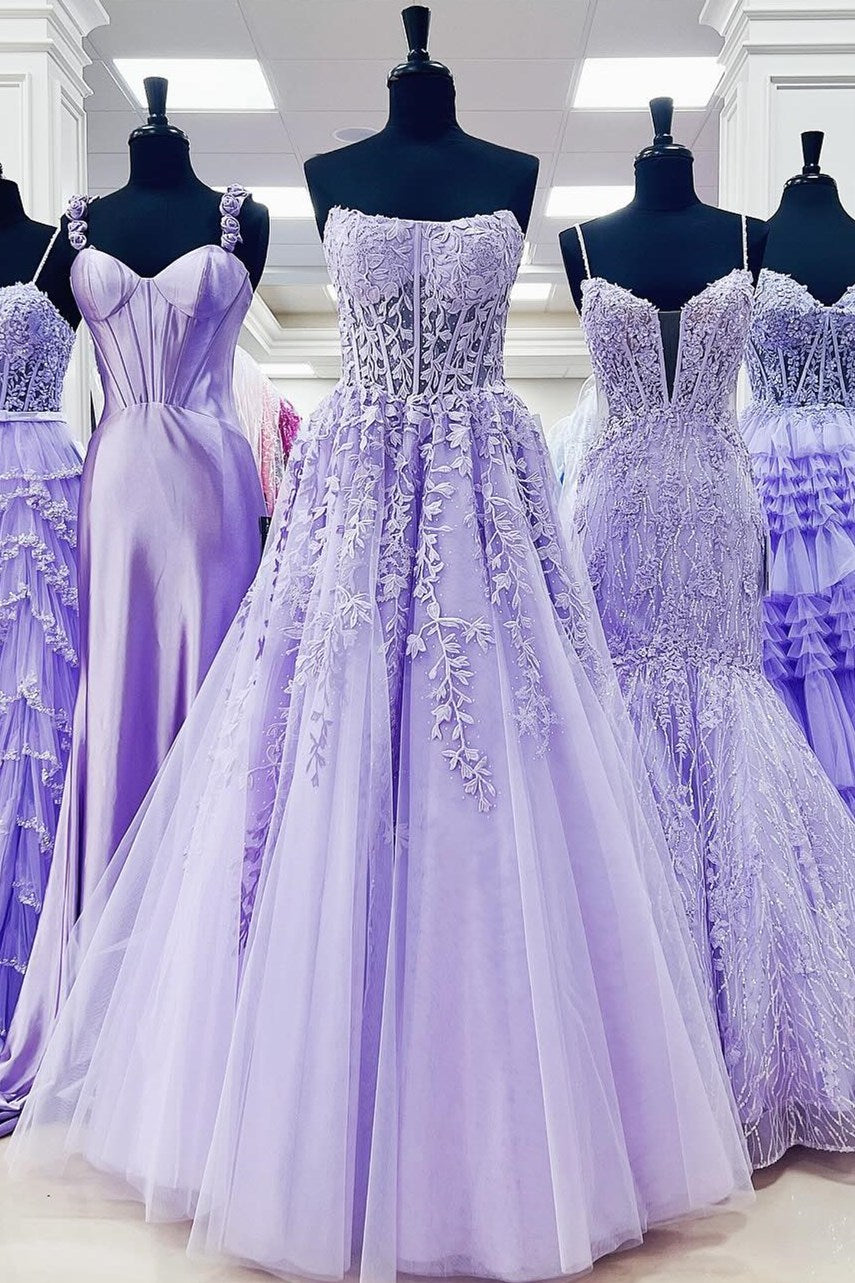 Vestido largo de fiesta sin tirantes de corte en A con apliques azul aguamarina