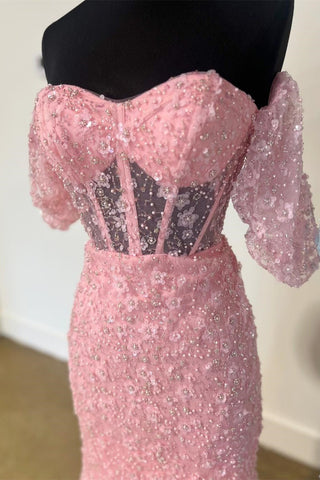Robe de bal longue sirène en dentelle florale 3D avec décolleté cœur et fente