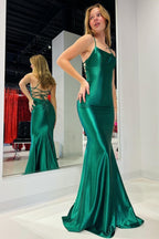 Robe de bal longue sirène émeraude à col rond et lacets