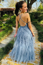 Robe longue à volants en V bleu fumé