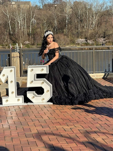 Vestido de gala negro con hombros descubiertos, vestido para quinceañera Y5749