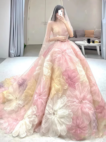 Dream Princess Floral Ball Gown, Strapless A-line Evening Prom Dress,Wedding Dress Y8289