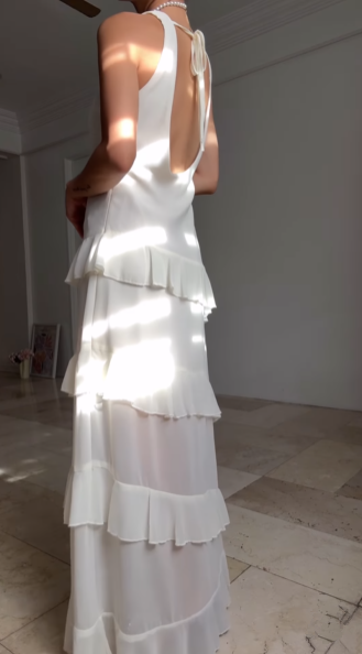 Vestido de fiesta largo de noche, sencillo, blanco, con escote en V, de gasa, con volantes y espalda descubierta Y8500