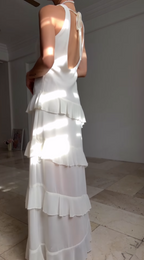 Vestido de fiesta largo de noche, sencillo, blanco, con escote en V, de gasa, con volantes y espalda descubierta Y8500