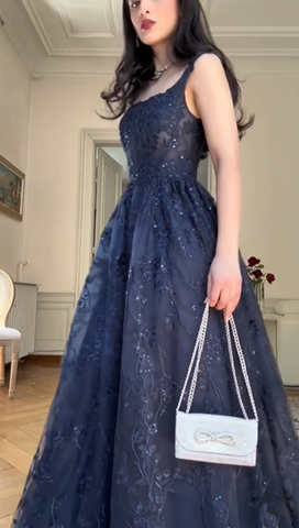 Vestido de fiesta azul marino corte A con apliques de encaje, elegante vestido de noche Y7830