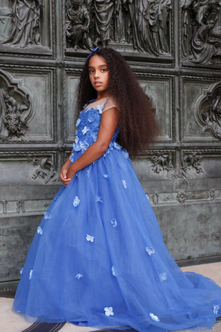 Vestido de princesa para niña de las flores con apliques y lazo azul real 