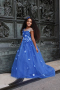 Vestido de princesa para niña de las flores con apliques y lazo azul real 
