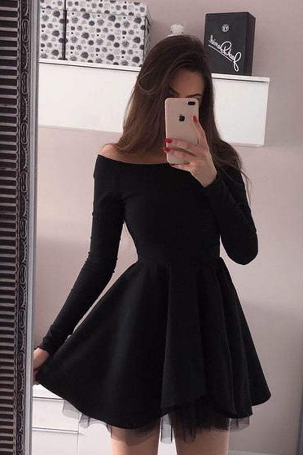 Vestido corto de fiesta, manga larga, negro, para baile de bienvenida