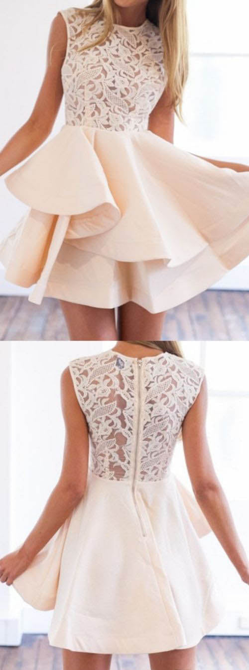 Robe courte en dentelle rose poudré pour le bal de promo des jeunes filles