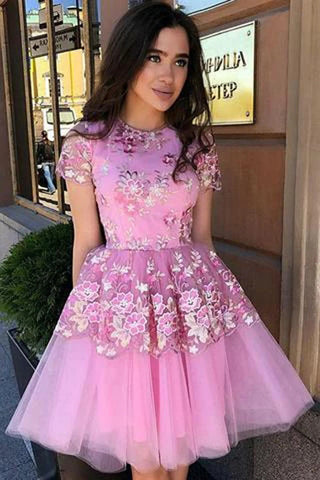 Cute Blue Floral Prints Tulle Short Sleeves A-Line Homecoming Dresses