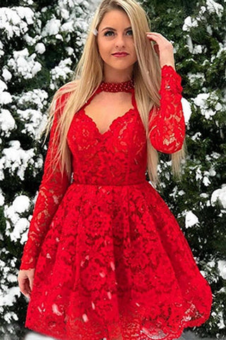 Cheap Lace Red Chic Long-Sleeves A-Line Homecoming Dresses
