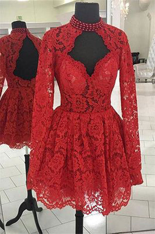 Cheap Lace Red Chic Long-Sleeves A-Line Homecoming Dresses