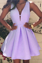 Robes de bal simples en satin violet clair, coupe trapèze, col en V, pour filles