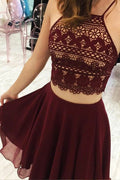 Vestidos de fiesta burdeos de dos piezas, corte en A, tirantes finos y sin mangas