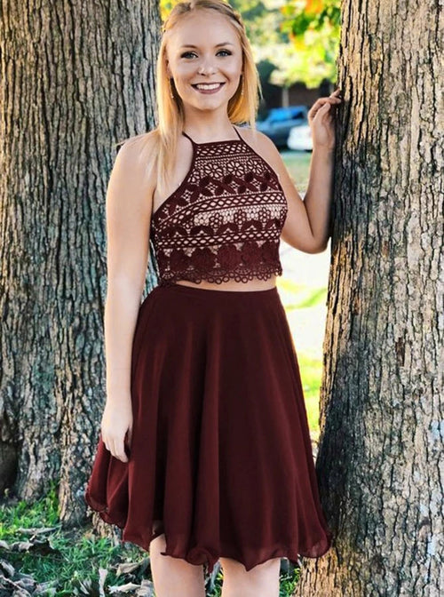 Vestidos de fiesta burdeos de dos piezas, corte en A, tirantes finos y sin mangas