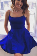 Robe de bal courte royale en satin simple, robe de retour à la maison avec poches
