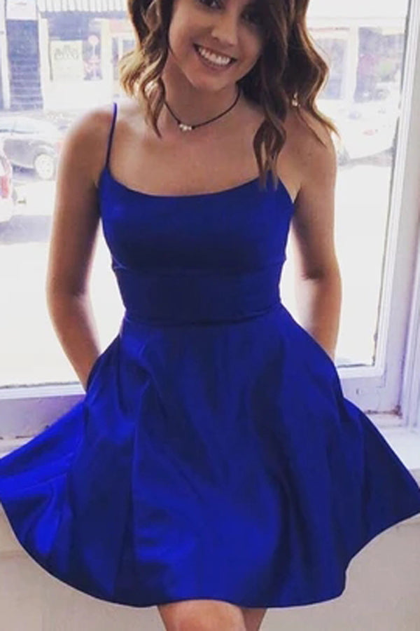 Robe de bal courte royale en satin simple, robe de retour à la maison avec poches