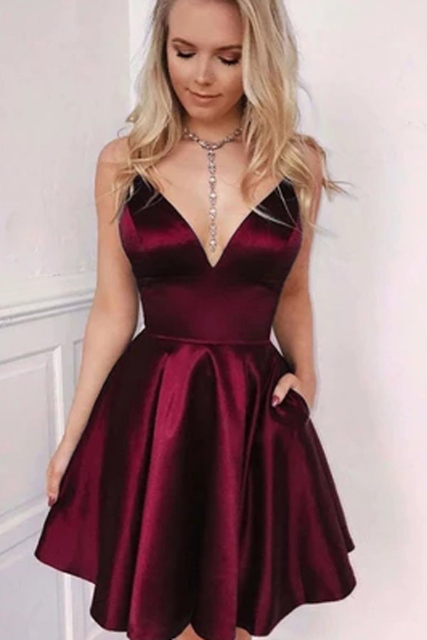 Vestido corto de fiesta de bienvenida, corte en A, escote en V, satén burdeos, con bolsillos