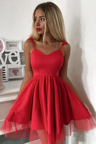 Robe de bal courte rouge à bretelles spaghetti, mini-robe de soirée