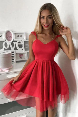 Robe de bal courte rouge à bretelles spaghetti, mini-robe de soirée