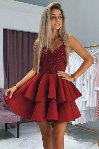Cute Burgundy V-neck Spaghetti Straps Above Knee Short Homecoming Dresses