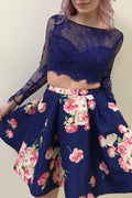 Vestidos de fiesta de dos piezas, corte en A, escote redondo, mangas largas, encaje floral y bolsillos.